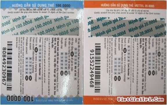  Đối với thẻ điện thoại giả, các dòng chữ in trên thẻ cào thường không đồng đều thậm chí bị mất. Khi cào lớp tráng bạc, một phần trong dãy mã thẻ bị mất hoặc mờ. Ảnh: Bên trái là thẻ giả với các con số đầu trong dãy mã thẻ bị mất, bên phải là thẻ cào Viettel xịn với dãy mã thẻ đầy đủ 13 số. 