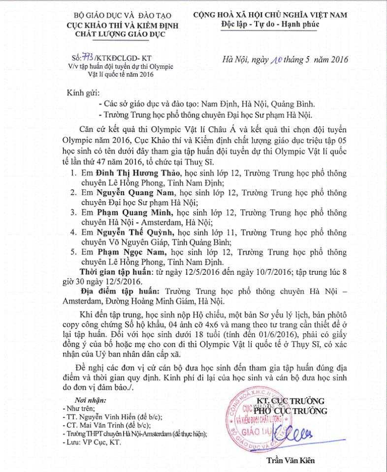 Danh sách 5 thí sinh Việt Nam tham dự kỳ thi Olympic Vật lý Quốc tế năm 2016 tại Thụy Sĩ