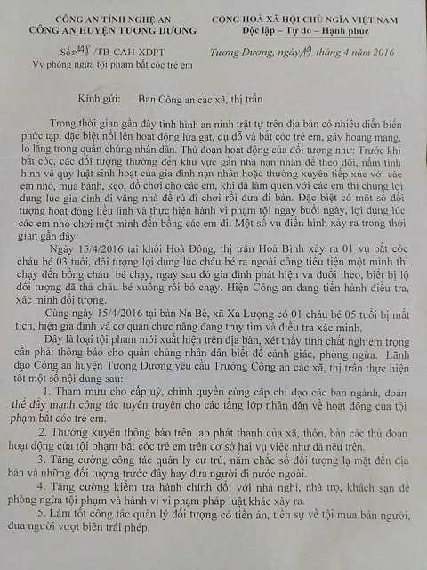 Cảnh báo được phát đi của Công an huyện Tương Dương