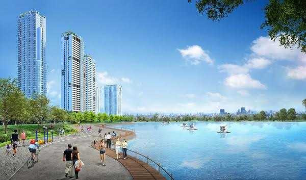 Phối cảnh dự án Mon City nhìn từ hồ điều hòa