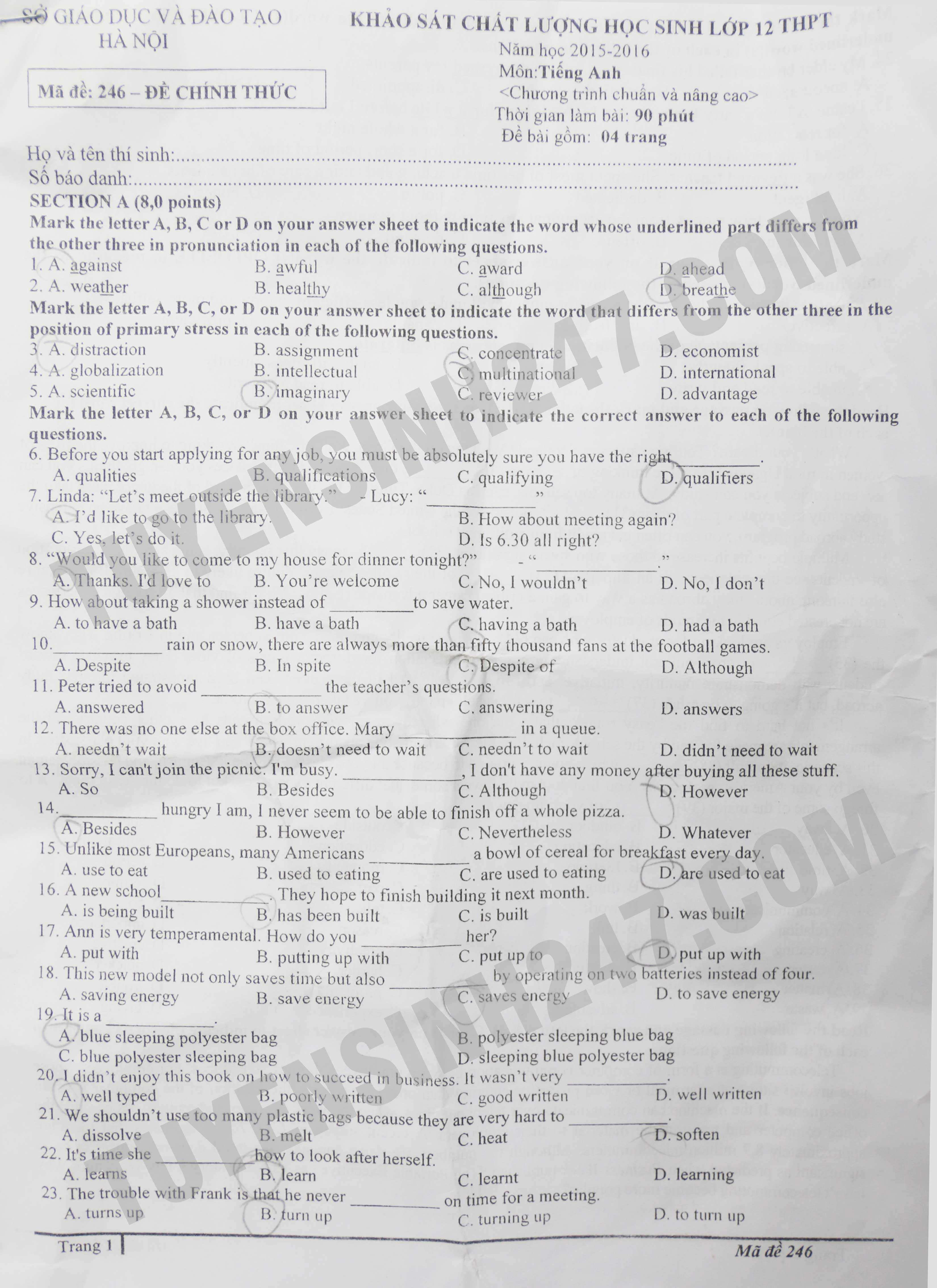 Đề thi, đáp án môn tiếng Anh kỳ thi thử THPT quốc gia tại Hà Nội