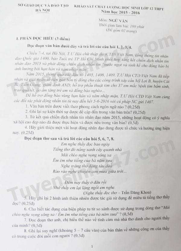 Đề thi, gợi ý đáp án môn Ngữ văn kỳ thi thử THPT quốc gia 2016 ở Hà Nội