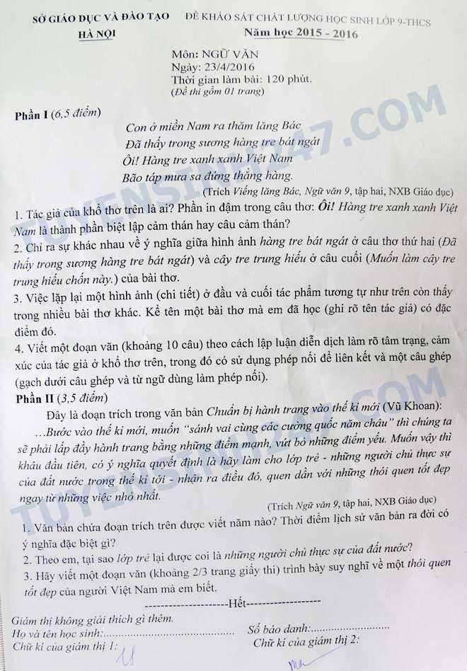 Đề thi thử môn Ngữ văn vào lớp 10