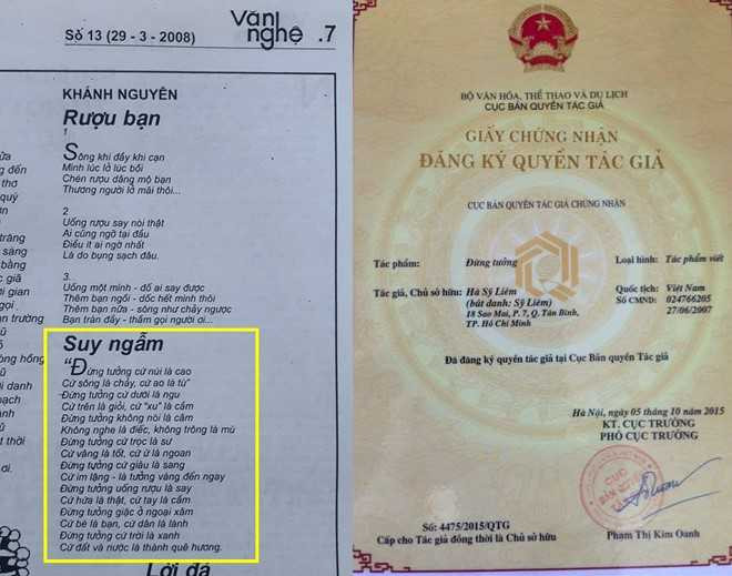 16 câu thơ đầu trong bài Đừng tưởng của ông Liêm mang đi đăng ký bản quyền là bài thơ Suy ngẫm của Khánh Nguyên.