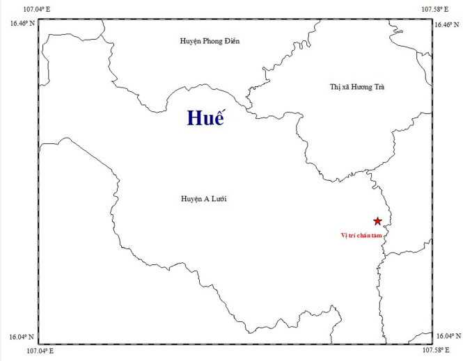 Vị trí xảy ra động đất tại huyện A Lưới vào ngày 11-5. Ảnh: Trung tâm báo tin động đất và cảnh báo sóng thần - Viện Vật lý Địa cầu. 