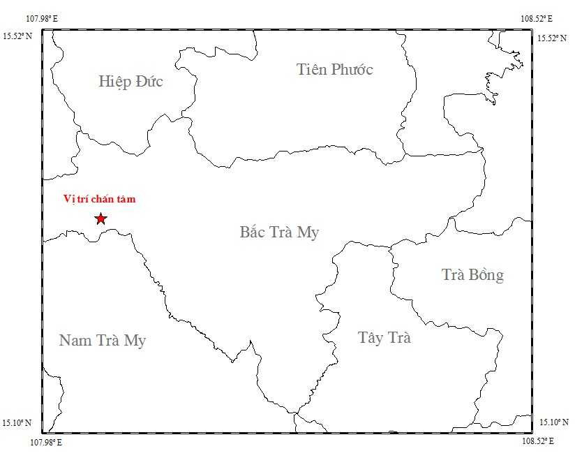 Bản đồ tâm chấn của trận động đất xảy ra ngày 13/4 tại Bắc Trà My.