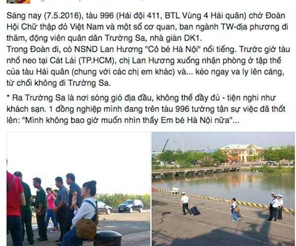 Tài khoản FB tố Lan Hương bỏ về không đi Trường Sa