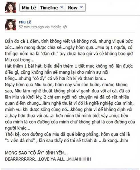 Miu Lê đăng status bức xúc trong đêm...