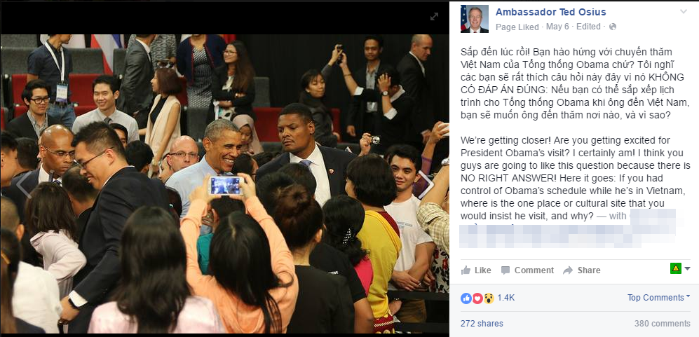 Đề nghị về gợi ý lịch trình cho Tổng thống Mỹ khi đến thăm Việt Nam của Đại sứ Mỹ trên facebook cá nhân