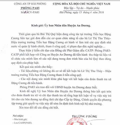 Thông báo kết quả xác minh của Cơ quan An ninh Điều tra (Công an TP Hải Phòng) khẳng định bà Thủy không tham ô tiền công quỹ của nhà trường - Ảnh MK