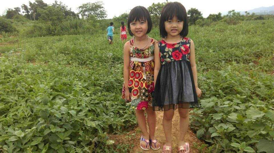 Các em học sinh lớp 3, lớp 4 bên ruộng dưa