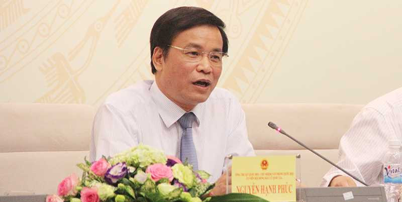 Tổng Thư ký Quốc hội, Chánh Văn phòng Hội đồng bầu cử quốc gia Nguyễn Hạnh Phúc trả lời báo chí chiều 20/5 về công tác bầu cử (Ảnh: Phạm Thịnh) 