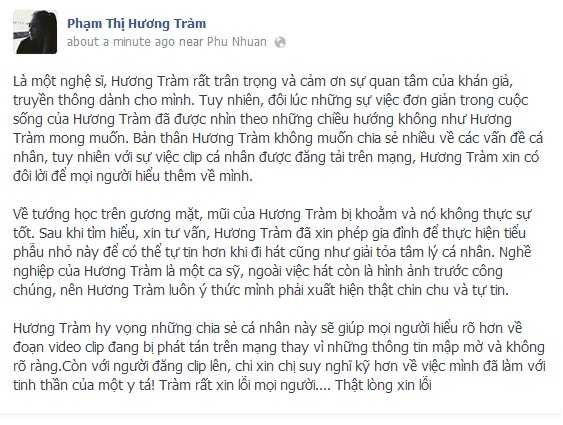Hương Tràm thừa nhận sửa mũi
