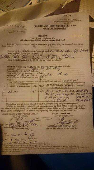 Biên bản xử phạt, thu xe