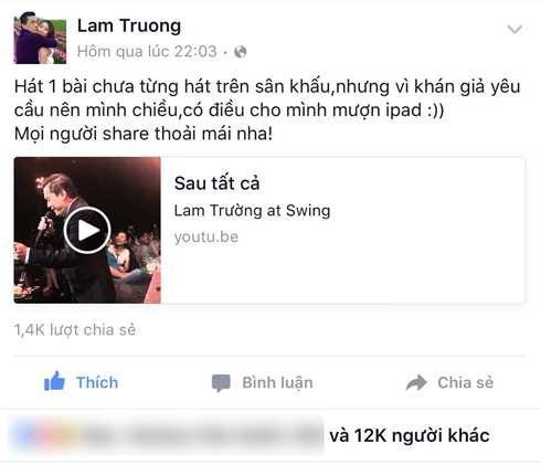 Lam Trường đăng tải đoạn clip hát cover ca khúc Sau tất cả, nhận được 12 ngàn lượt thích và hơn 1 ngàn lượt chia sẻ trên trang cá nhân Lam Trường đăng tải đoạn clip hát cover ca khúc Sau tất cả, nhận được 12 ngàn lượt thích và hơn 1 ngàn lượt chia sẻ trên trang cá nhân