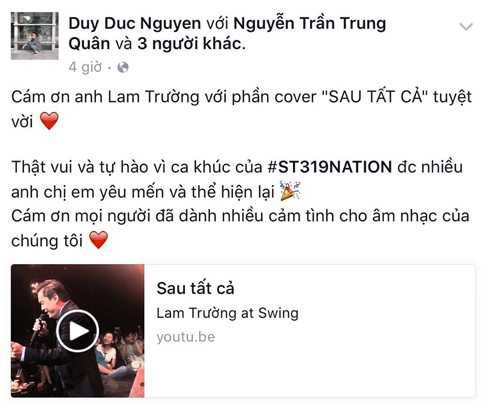 Aiden - trưởng nhóm St 319, cũng là ông bầu của Erik- gửi lời cám ơn khi anh Hai Lam Trường đã cover ca khúc này Aiden - trưởng nhóm St 319, cũng là ông bầu của Erik- gửi lời cám ơn khi anh Hai Lam Trường đã cover ca khúc này