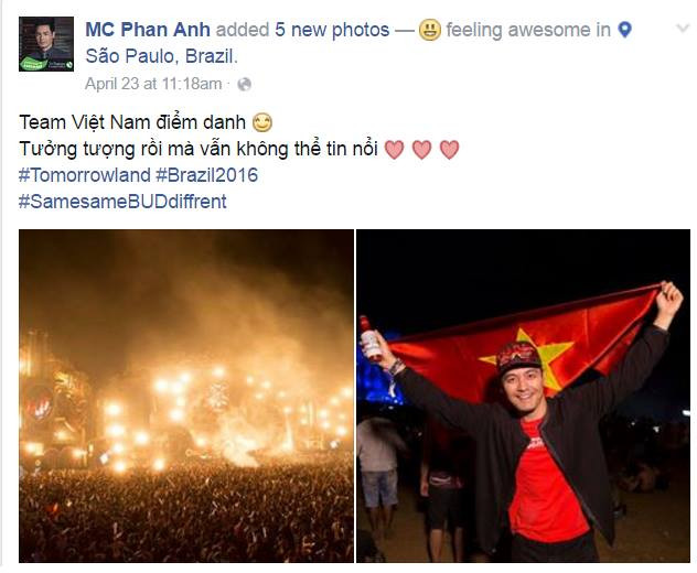 MC Phan Anh hãnh diện giơ cao quốc kỳ tại đại nhạc hội Tomorrowland
