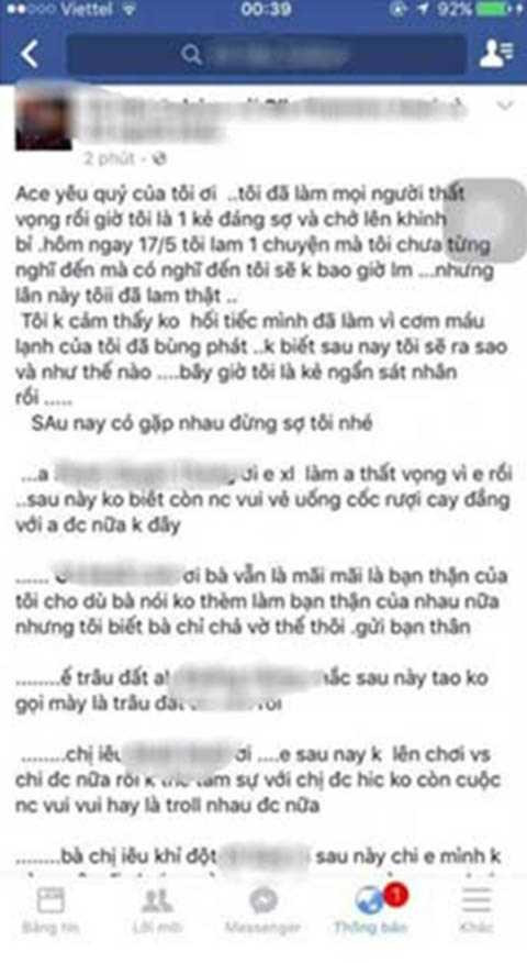 Lời thú tội được cho là của Vũ Đình Hậu trên trang cá nhân, mạng <a href='https://vtcnews.vn/xa-hoi.2.0.html' >xã hội</a> facebook sau khi gây án, hiện trang cá nhân này đã đóng cửa.