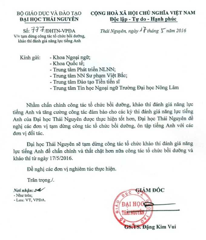 tạm dừng tổ chức bồi dưỡng, khảo thí đánh giá năng lực tiếng Anh kể từ ngày 17/5.