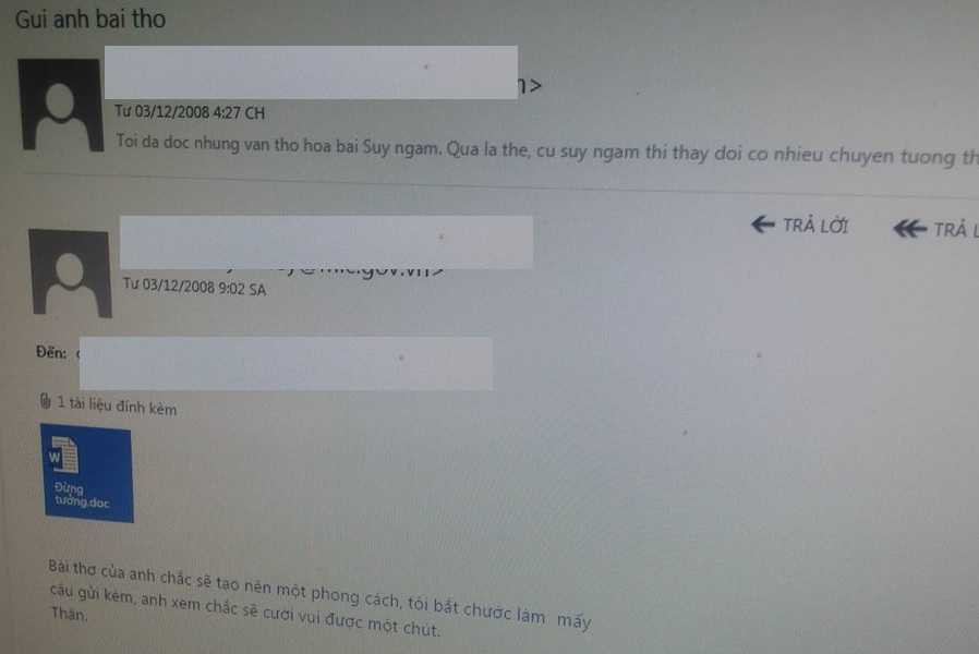 Thư điện tử ông Sỹ gửi cho người bạn từ năm 2008. Thời điểm đó bài thơ Đừng tưởng chưa xuất hiện trên mạng internet. Ảnh Thanh Giang