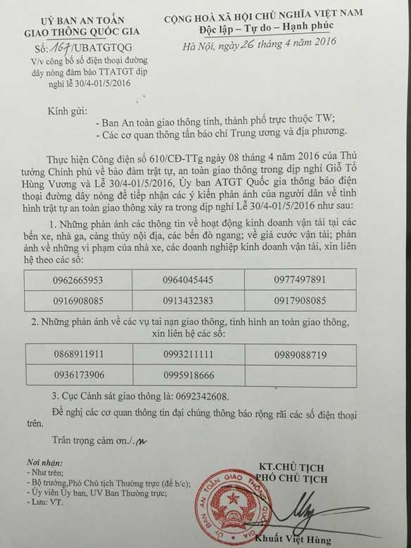 Danh sách số điện thoại đường dây nóng mà UBANGTQG công bố.