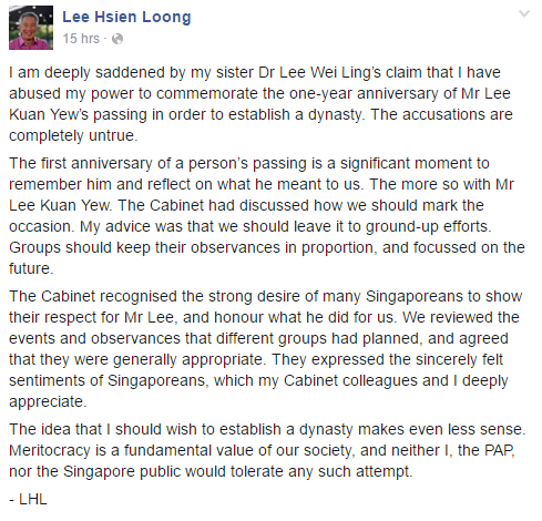 Chia sẻ của ông Lý Hiển Long trên facebook cá nhân