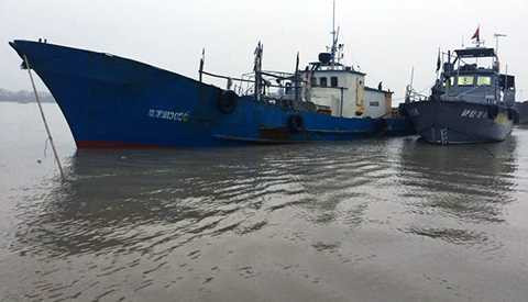 Chiếc tàu của Trung Quốc xâm phạm chủ quyền biển của Việt Nam được áp giải về cửa sông Bạch Đằng để điều tra làm rõ sai phạm - Ảnh: Hải đội 2 cung cấp