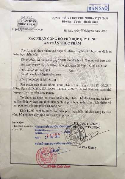 Giấy xác nhận công bố phù hợp quy định an toàn thực phẩm cho TPCN Best Slim.