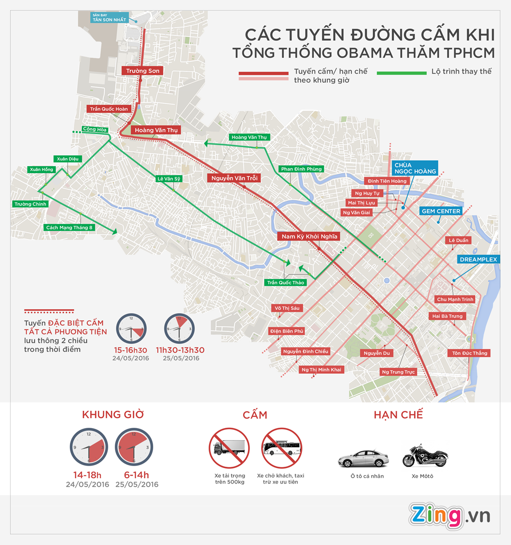 Sơ đồ cấm đường đón Tổng thống Obama đến TP.HCM