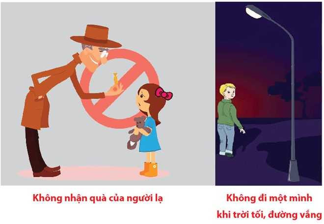 Cuốn sách dặn dò người lớn cần chỉ rõ trẻ em không nhận quà của người lạ, không đi một mình khi trời tối, đường vắng.