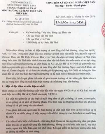 Thông báo của Trung tâm Quan trắc môi trường và bệnh thủy sản miền Bắc về việc cá chết hàng loạt bất thường tại vùng biển Vũng Áng.