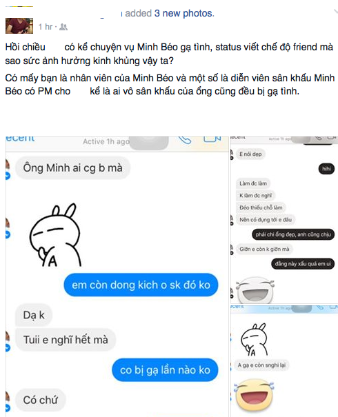 Đoạn chat với nhân viên và một số diễn viên cũ ở sân khấu Minh Béo được một cư dân mạng chia sẻ. 