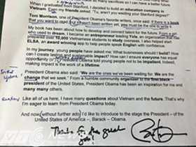 Bản nháp bài phát biểu của MC Ngọc Tú được Tổng thống Obama ký tên Bản nháp bài phát biểu của MC Ngọc Tú được Tổng thống Obama ký tên