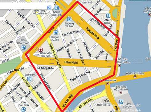 Vành đai cấm đường có màu đỏ, các phương tiện sẽ không được di chuyển trên các tuyến đường này từ 20h tối 30/4 đến 5h sáng 1/5.