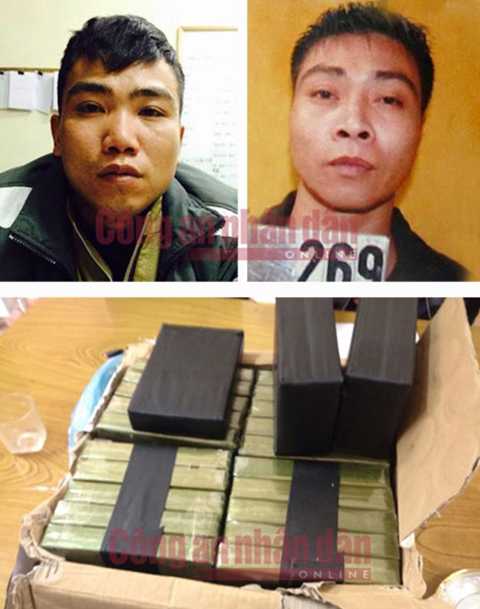 Bị can Chu Văn Viện và Chu Đình Tuyên (Ảnh trên) và hàng chục bánh heroin bị thu giữ.