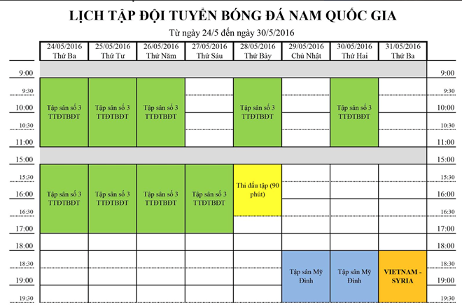 Lịch tập luyện dự kiến của tuyển Việt Nam. 
