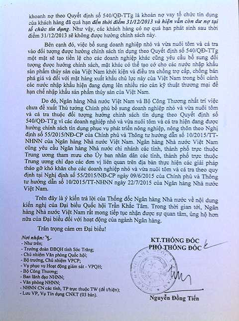 Công văn Ngân hàng nhà nước Việt Nam trả lời kiến nghị của Đại biểu Quốc hội Trần Khắc Tâm