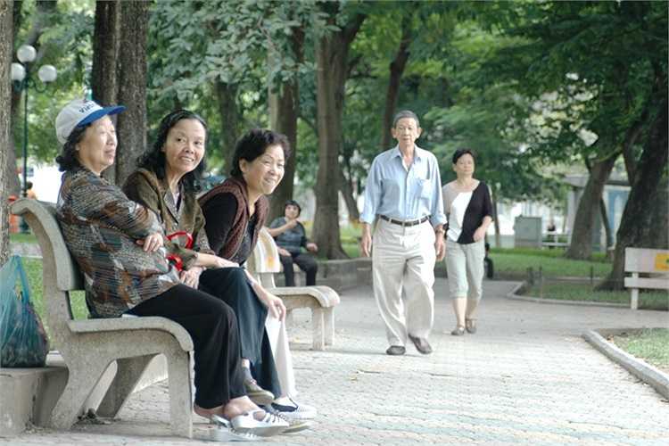 Người già phải mặc áo ấm đi thể dục và cùng ngồi bên nhau cho đỡ lạnh...