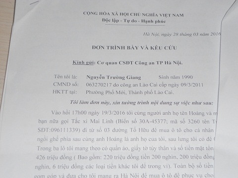 Đơn tường trình và kêu cứu của anh Giang