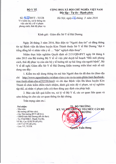 Công văn của Bộ y tế gửi Sở y tế yêu cầu là rõ vụ việc bệnh nhân chờ 4 tiếng vì nhân viên y tế bận chơi điện thoại Công văn của Bộ y tế gửi Sở y tế yêu cầu là rõ vụ việc bệnh nhân chờ 4 tiếng vì nhân viên y tế bận chơi điện thoại