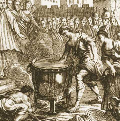 người bị buộc tội phải nhúng cánh tay vào nước nóng để lấy một hòn đá. Nếu cánh tay vẫn còn sẹo sau ba ngày, anh ta sẽ bị bắt.