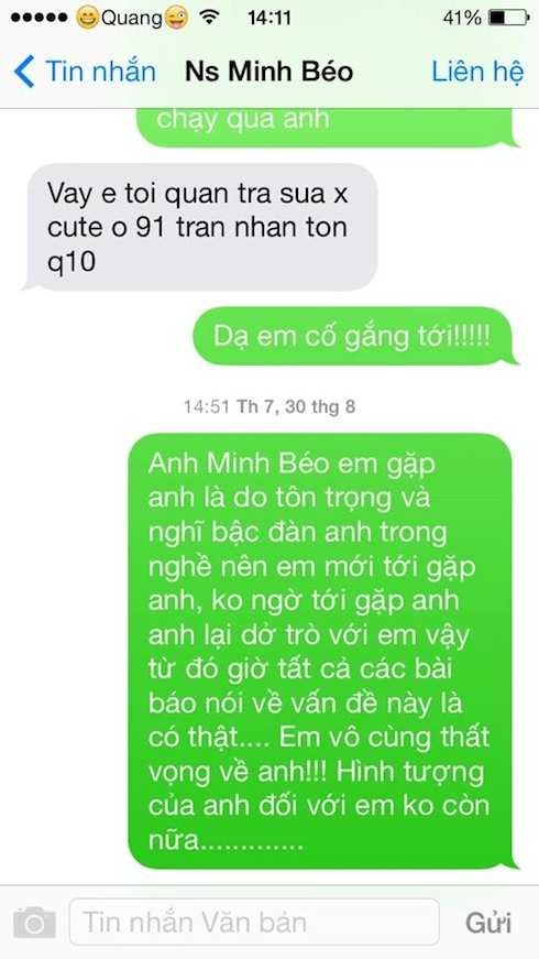 Nội dung tin nhắn giữa Minh Béo và một chàng trai.