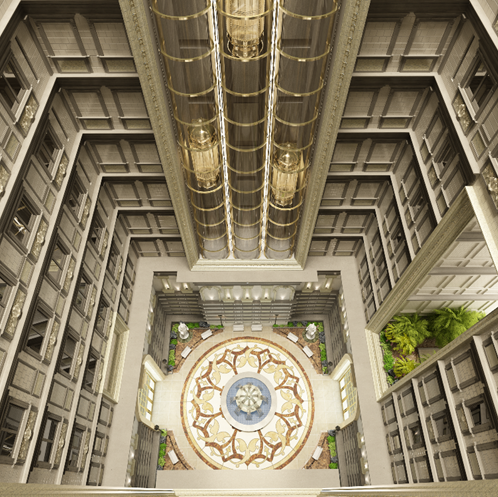 Giếng trời rộng 400m2 tại trung tâm công trình giúp đối lưu không khí thoáng đãng và cân bằng ánh sáng tự nhiên đến từng không gian nhỏ trong mỗi căn biệt thự