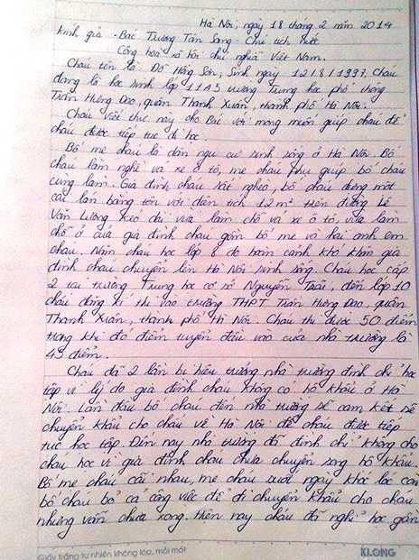 học sinh gửi thư cho chủ tịch nước