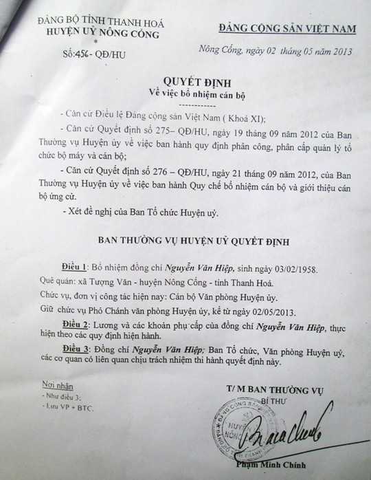 Các quyết định bổ nhiệm ông Hiệp
