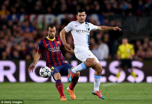 Close quarters: Sergio Aguero controls the ball as Javier Mascherano closes in
