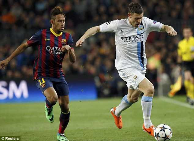 Forward run: James Milner drives past Barcelona's Brazilian forward Neymar early on at the Nou Camp