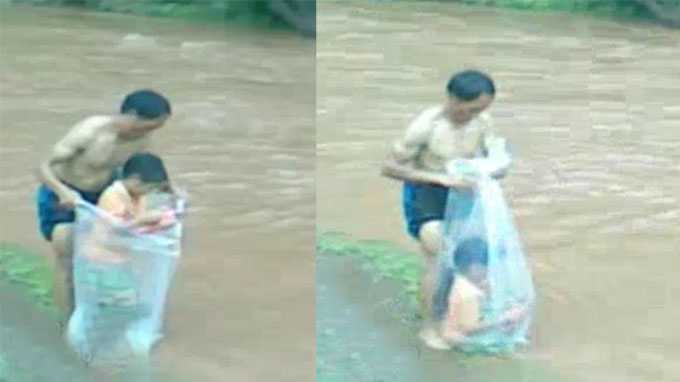chui túi nilon qua suối