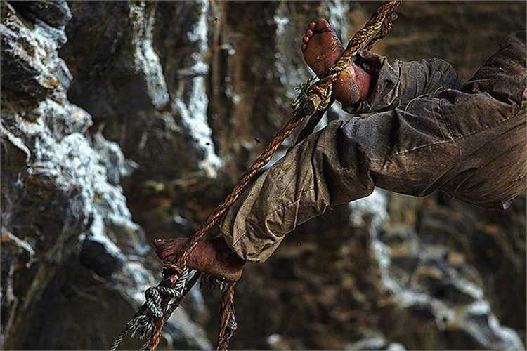 Làm thợ săn ong đồng nghĩa với việc phồng rát bàn chân, bị ong đốt thậm chí là tóe máu vì đứng nhiều giờ trên thang dây