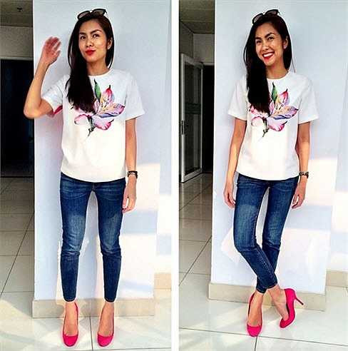 Hình ảnh tràn đầy sức sống của Tăng Thanh Hà. Đôi chân thon giúp nữ diễn viên như một người mẫu chuyên nghiệp